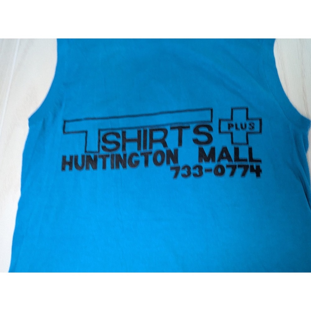 T-PLUS Huntington Mall Men's Teal Blue M Sleeveless T-Shirt vintage 80s USA made - Picture 10 of 13